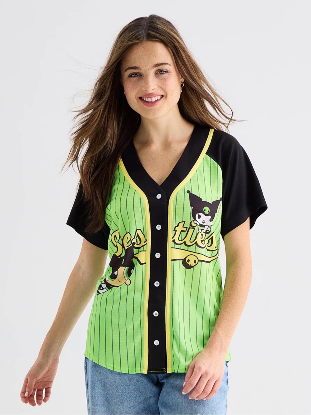 Hello Kitty Kuromi-Powerpuff Green Kuromi 'Besties' Baseball Cat Jersey - Picture 11 of 11